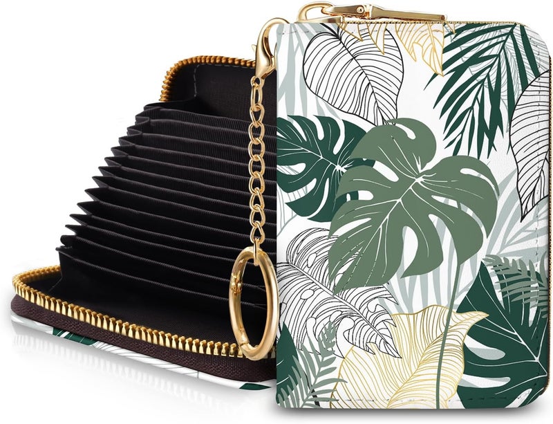 Blusabaca Credit Card Holder for Women, Tropical Leaves Abstract Small RFID Wallet with Zipper, Card Keychain Wallet, Leather Card Case, Business RFID Blocking Accordion Purse Wallet Gift - Image 1